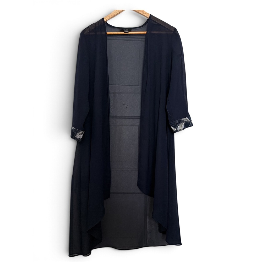Le Bos Navy Blue Sheer Chiffon Sequin Cuff Open Front Duster Cardigan Size 10